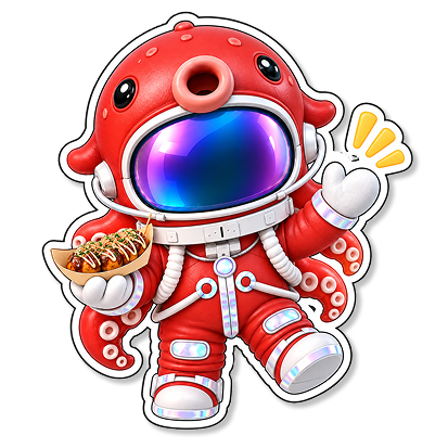 たこ焼きを持ったタコの宇宙飛行士