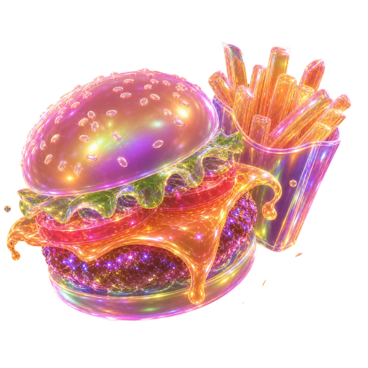 伸ばした手の先に浮かぶ、虹色のハンバーガーとポテト